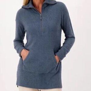 NWT -Barefoot Dreams CozyChic Lite High Rib Half Zip Tunic - Deep Ocean - 1X